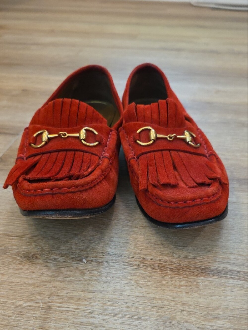 Gucci Red Suede Fringe Horsebit Loafers Sz 39 - Picture 6 of 6